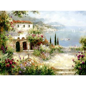 台所の壁の装飾のための手作りの油絵の風景地中海のヴィラキャンバスアート