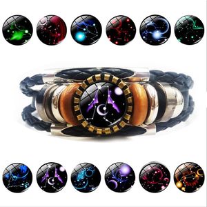 Mais novo 12 zodiac sign charme pulseira para mulheres homens horóscopo do vintage passatempo multi camadas de couro envoltório bangle moda jóias