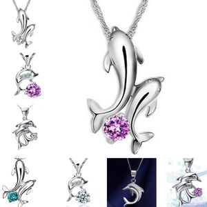 Double Dolphin Love Purple Diamond Crystal Blue White Zircon Sterling Silver Short DJN71 mix order Pendant Necklaces jewelry