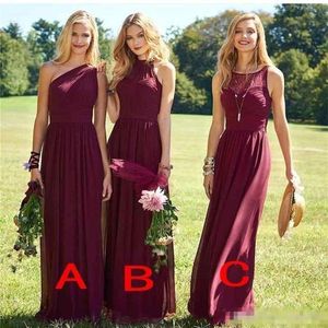 Billiga Bury Chiffon Bridesmaid Dresses Golvlängd Ruched One Shoulder Halter Straps Maid of Honor Gown Long Wedding Guest Dress