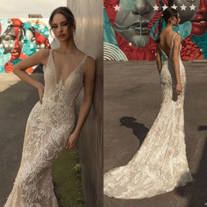 2020 Mermaid Nyast Baklösa Bröllopsklänning Beaded Lace Appliqued Sheer V Neck Bröllopsklänningar Mottagning Plus Storlek Se igenom Bridal Gowns