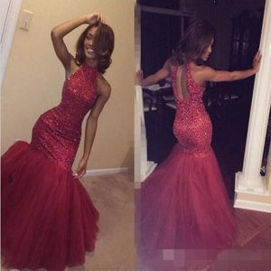 Sequins Red Beaded Prom Dresses Mermaid Hollow Back Halter Tulle Floor Length Custom Made Evening Celebrity Party Gowns
