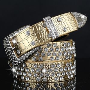 Neuer modischer Luxus-Designer-Diamant-Zirkon-goldener Ledergürtel für Damen, Mädchen, 110 cm, 3,6 Fuß