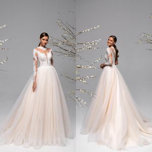2021 Fashion Wedding Dresses High Collar Long Sleeves Button Back Bridal Gowns Custom Made Lace Appliques Sweep Train A-Line Wedding Dress