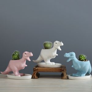 Keramik-Blumentopf, Tyrannosaurus Rex, kreativer Sukkulententopf mit Tablett, blauer Dinosaurier, für Kinder, kleines Geschenk, Cartoon-Gartenarbeit, Tischdekoration