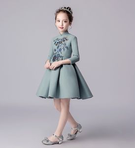 Китайские пыльные зеленые рукава колено девочка пагентные платья цветок девушка платья принцессы платья детская юбка на заказ 2-14 H315401