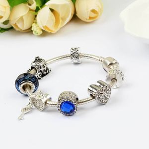 Wholesale- Pandor Bracelets Crystal Beads Bracelet 925 Silver Bracelets love lock Bangle Valentines Gift Diy Jewelry with gift box