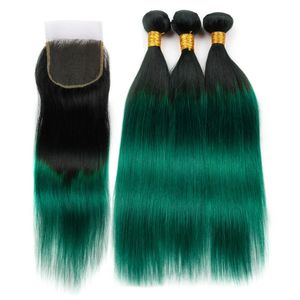 # 1b / Green Ombre Proste Human Hair 3 Wiązki Z Zamknięciem Ombre Dark Green Brazylijski Ludzki Włosy Splot Weave z koronki Top Zamknięcie 4x4