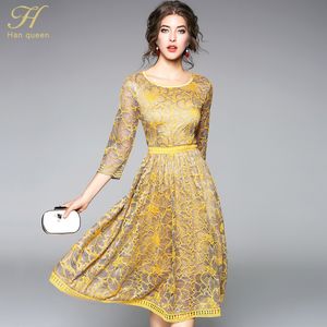 H Han Queen 2018 Summer Lace Dress Work Casual Slim Fashion O-neck Sexy Hollow Out Dresses Women A-line Vintage Vestidos Y19051001