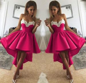 Cheap Simple Fuschia Satin Ruched High Low Short Prom Dresses White Applique Pleats Sweetheart Tail Party Homecoming Dress Ogstuff 2024