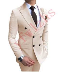 Tani i drobny podwójny Groomsmen Peak Lapel Groom Tuxedos Mężczyźni Garnitury Ślub / Prom / Kolacja Best Man Blazer (Kurtka + Spodnie + Krawat) A352