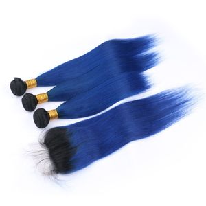 黒から濃い青のオンブルインディアン人間の髪の毛の髪の毛の織りweave weave with閉鎖3バンドル＃1b 4 x 4レースの閉鎖が付いているストレートバージンの髪