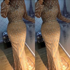 2020 Arabic Aso Ebi Gold Luxurious Mermaid Evening Beaded Crystals Prom Dresses Sheer Neck Formal Party Second Reception Gowns