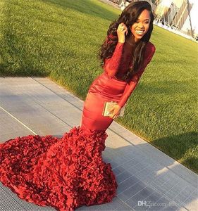 Red Mermaid Prom Dresses Sheer Long Sleeve 2019 African Girls Jewel Neck Red Carpet Evening Gowns With Cascading Flowers robes de soirée