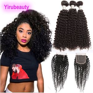 Peruvian Human Hair 4 Pieces/lot Baby Hair Lace Closure With Bundles Kinky Curly Hair Extensions Wefts With Top Closures