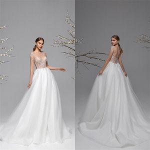 Billige elegante Hochzeitskleider Juwel Juwel Langarm bloßgerautes Brautkleid sexy Illusion Appliked Spitzenperlen Sweep -Zug Roben de mari￩e