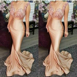 Champagne Sexy Mermaid Evening Dresses Sheer Neck Long Sleeves Beaded Lace Prom Dresses Cheap Formal Party Bridesmaid Pageant Gowns