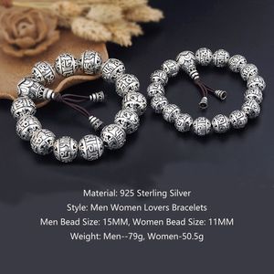925 Sterling Silver Elastic Rope Chain Men Women Bead Vintage Couples Bracelet Fine Jewelry Buddhist Six Words Lovers Bangle Ommani Pedmehum