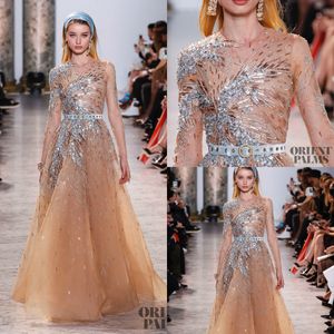 Elie Saab Evening Dresses Jewel Neck Lace Pärlor Sequined Crystal 3D Floral Appliqued Långärmad Prom Klänning Golvlängd Formella Party Gowns