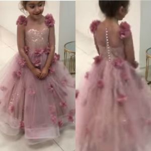 Śliczne Różowe Kwiat Dziewczyny Sukienki Na Wesela 3D Kwiatowy Appliqued Kids Formal Wear Wear Moda Page Contfit Suknie Vestidos de Primera