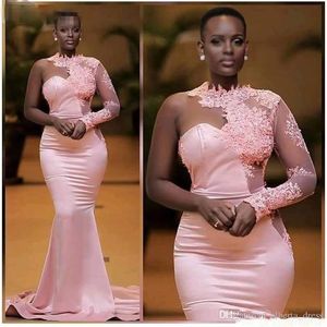 Balck Girls African Blush Pink Mermaid Evening Dresses One Shoulder Appliques Lace Long Sleeves Evening Prom Party Dresses Evening Wear