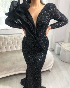 ASO EBI 2020 Арабские блестящие черные сексуальные вечерние платья русалка с бисером выпускной пропускной способности