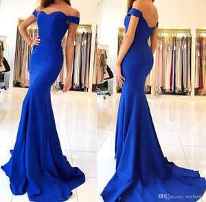 Qatar 2024 Royal Blue Satin Mermaid Long Prom Dresses Elegant Off the Shoulder Bow Sash Simple Sweep Train Formal Party Evening Gowns HY4076
