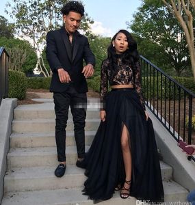 Two Piece Black Prom Dresses With Lace Long Sleeve A-Line Tulle Side Split Evening Party Gowns Plus Size Prom Dresses HY4070