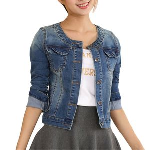 春秋の女性プラスサイズ長袖ジーンズレディースOネックコートジャケット弾性ショートコート4xl5