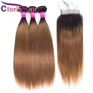 Colored T1B/30 Blonde Human Hair 3 Bundles With Lace Closure Cheap Two Tone Medium Auburn Peruvian Virgin Straight Ombre Weaves Closure