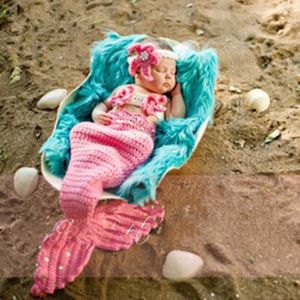 Nyfödda fotograferingsrekvisita Stickning Baby Hat Costume Baby Mermaid virkning Baby Photography Props With Pannband Set Suit