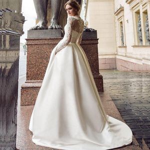 Modest Long Sleeve Wedding Dress 2020 New Scoop Satin Appliqued A-line Bridal Gown with Pockets Vestidos de Novia 13