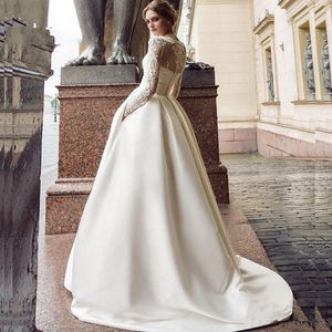 متواضع كم طويل فستان زفاف 2020 الجديد سكوب الحرير appliqued الديكور ألف خط بثوب الزفاف مع جيوب Vestidos دي نوفيا 13