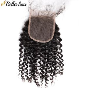 Bella Hair Locken-Wellen-Spitzenverschluss, 4 x 4 freier mittlerer dreiteiliger Echthaar-Locken-Webart-Verschluss, vorgezupft mit Babyhaar, 150 % Dichte, natürliches schwarzes Haar