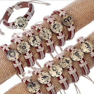 Pulseiras de Horóscopo Constelação Charme Envoltório de Couro Genuíno Antique Liga de Ouro Pulseira para Homens Mulheres Trançado Zodíaco Sinal Pulseira Jóias