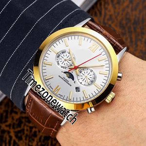 New Day Especialidades Data Moon Phase Automatic Mens Watch Two Tone ouro amarelo mostrador prateado furar marcadores de Brown Leather Strap Relógios E219b2