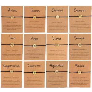 Twelve Constellations Rope Adjustable Wristbands Charm Bracelet Zodiac Stainless steel Bangles Jewelry With Card Free shipping