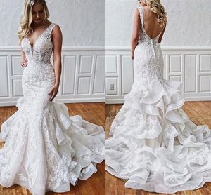 2020 Sexig Deep V Backless V-Neck Lace Bröllopsklänning Mermaid Ruffle Applique Bridal Gowns Vestidos de Novia Sydafrikanska bröllopsklänningar