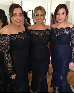 Navy Blue Arabic Mermaid Bridesmaid Dresses Off Shoulder Full Lace Long Sleeves High Low Length Plus Size Party Maid Of Honor Gowns