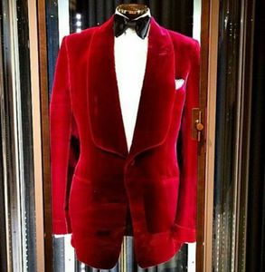 Roter Samt-Männer Smoking Bräutigam Hochzeitsanzüge Schal Revers Best Man Wear Slim Fit Abschlussball-Partei Blazer Lange Jacke (Jacke + Pants)