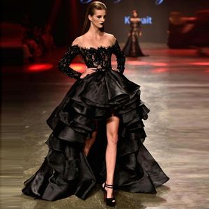 Charming Black Prom Dresses 2019 New Beaded Lace Organza Long Sleeve High Low Sheer Neck Ruffles Tiered Formal Evening Prom Gowns 1137