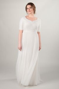 2019 a linha ruched tule plus size modesto vestido de noiva com mangas meia decote em v até o chão país mulheres ocidentais modesto vestido de noiva