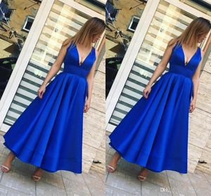 Billiga Royal Blue A Line Prom Klänningar Deep V-Neck Ankel Längd Särskilda tillfällen Klänningar Formell Party Evening Gowns Vestidos De Fiesta