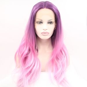 Wholesale curl hairstyles for long hair resale online - Long Natural wave Purple Ombre Pink Synthetic Lace Front Wig for women Gueless Heat Resistant Synthetic Hair Wigs