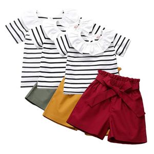 Kids Designer Roupas Bebê Meninas Lotus Folha Collar Conjuntos De Verão Striped Top Ruffle Shorts Ternos Infantil Manga Curta T Shirt YP733