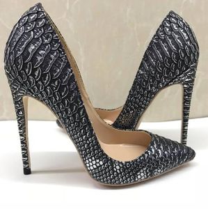 Hot Sale- Dam Skor Pumps Silver-grå Färgad Serpentine Läder Högklackat, Sexiga spetsiga tår Tunna klackskor Sandaler Dam Klänning Skor