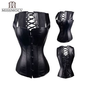 Fröken Moly Svart Läder Steampunk Kvinnor Stål Boned Gothic Korsetter Zip Lace Up Waist Trainer Overbust Corset Unnderbust Bustier