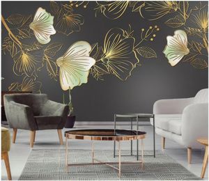 Customized large photo mural wallpaper 3d Modern light luxury golden embossed lines flowers mural Nordic background wall papers home decor