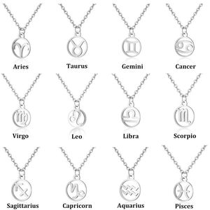 High Quality Stainless Steel 12 Zodiac Constellation Pendant Necklaces for Women Men Round Shape Silver Color Trendy Long Chain Necklace Jewelry Gift