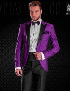 Przystojny Purpurowy Mężczyźni Ślub Tuxedo Czarny Szal Lapel Groom Tuxedos Moda Mężczyźni Blazer 2 Sztuka Kostium Prom / Dinner (kurtka + spodnie + krawat) 1626